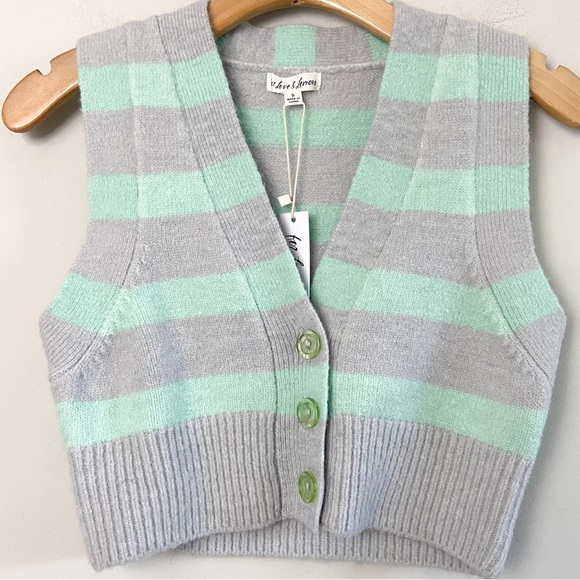 NWT For Love and Lemons Cropped Pastel Green Purple Striped Sweater Vest | Sm - Picture 3 of 9
